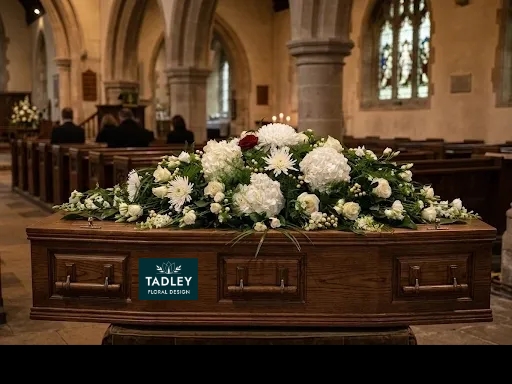 Luxury White Coffin Spray With Hydrangeas