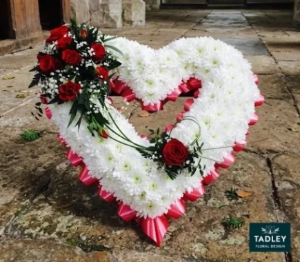 Open Heart White Basing With Red Ribbon & Sprays